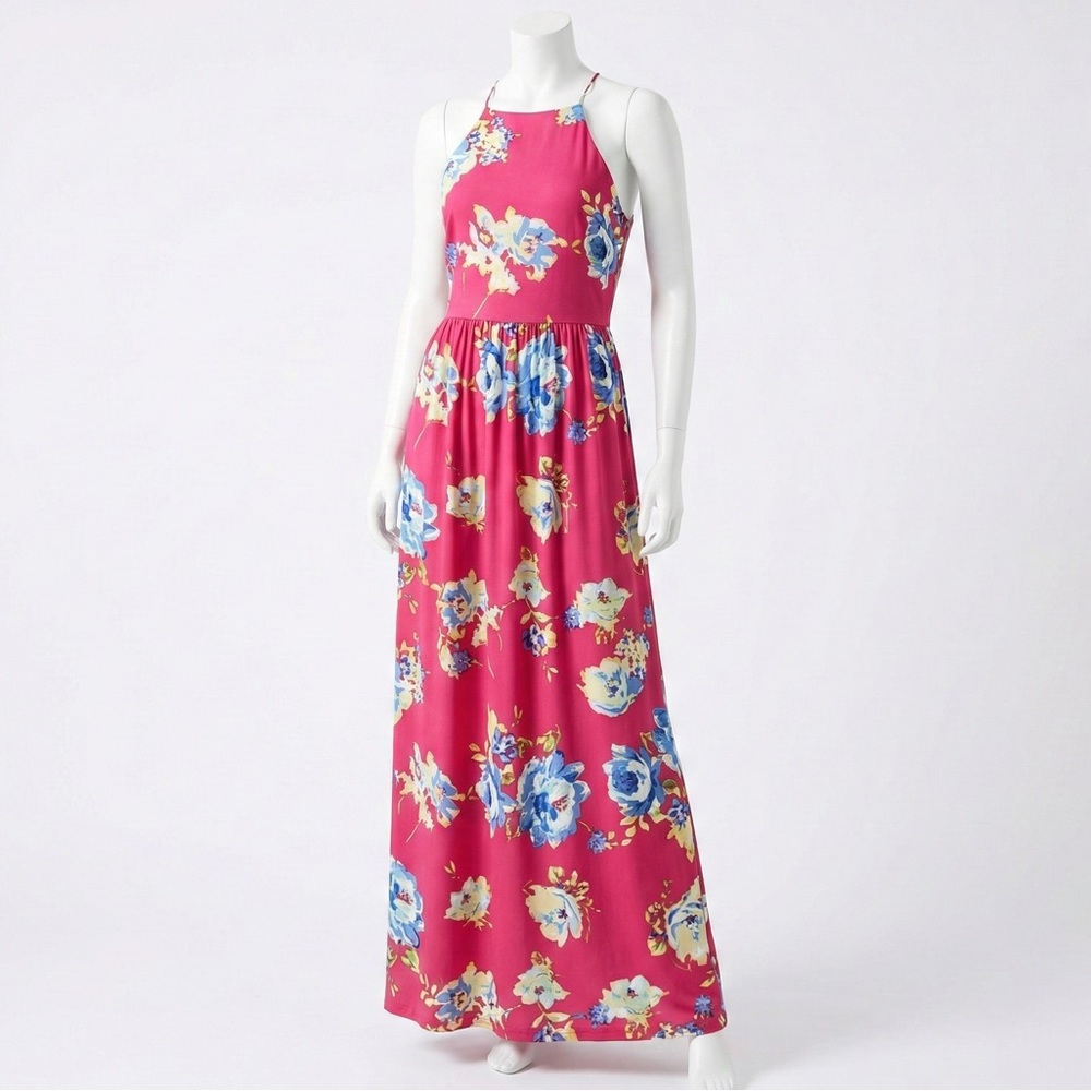 Everly Pink Floral Halter Maxi Dress Boho Summer Vacation Small